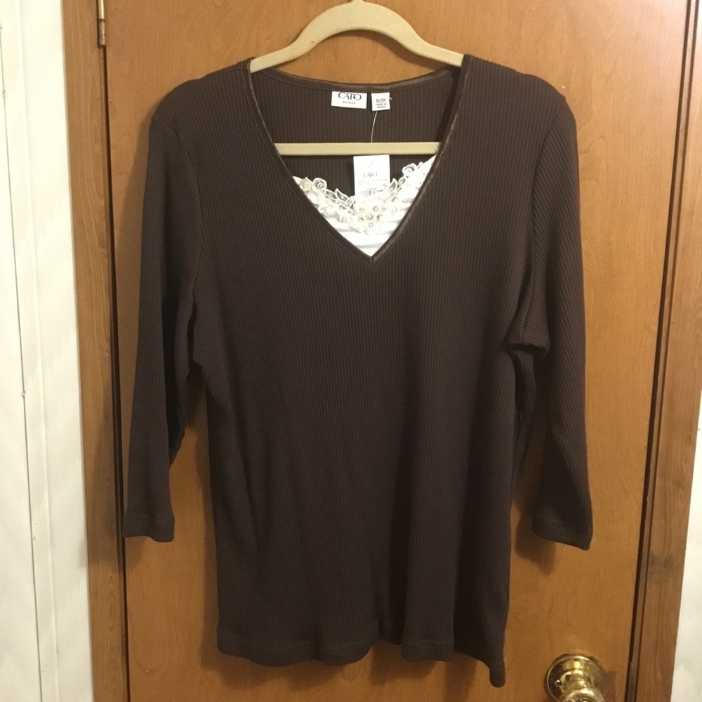 Cato Women's Brown Ribbed V-Neck Long 3/4 Sleeve Top with Lace Trim 18/20W